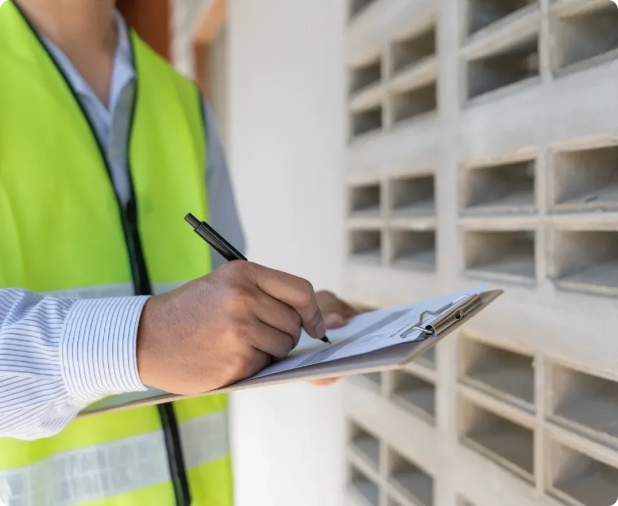 Worker documenting on clipboard near wall