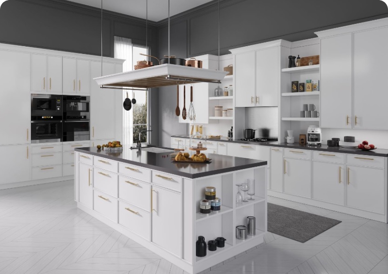 Modern white kitchen with a central island and open shelving.